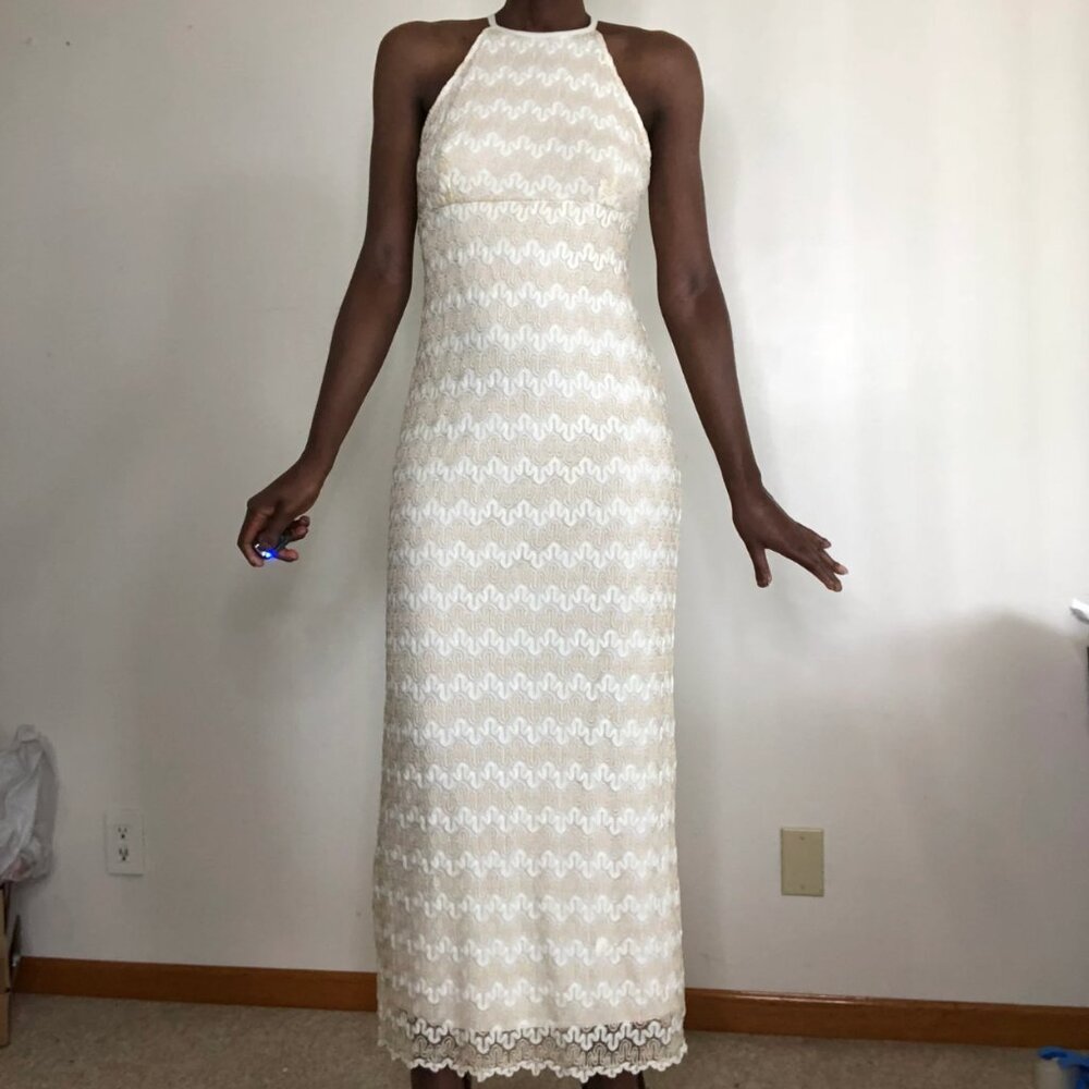 Vintage 90s Ivory Crochet Chevron Halter Maxi Dress Size 12 Missoni